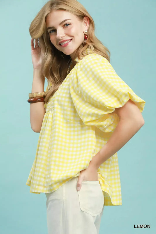 umgee smocked yoke Umgee Smocked Yoke Puff Sleeve Gingham Blouse view 2 (top) - shop at us.meeeshop