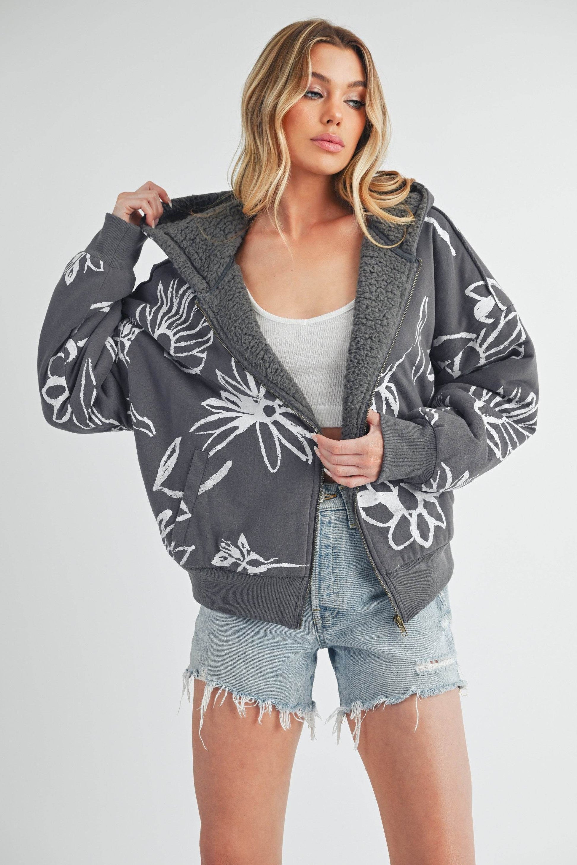 Aemi + Co Flower Print Zip Up Sherpa Hoodie - us.meeeshop