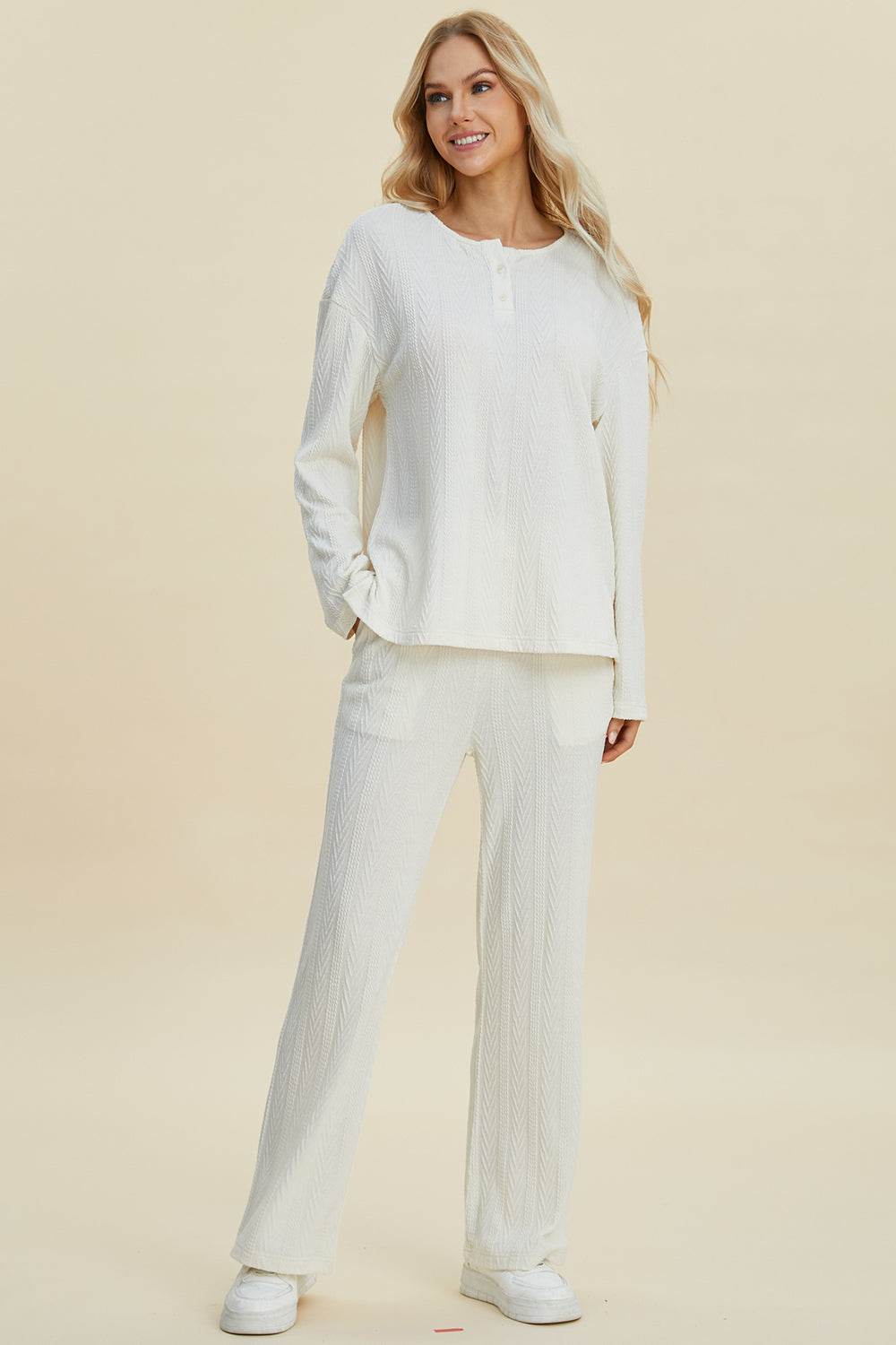 Double Take Full Size Cable-Knit Long Sleeve Top and Pants Set - us.meeeshop