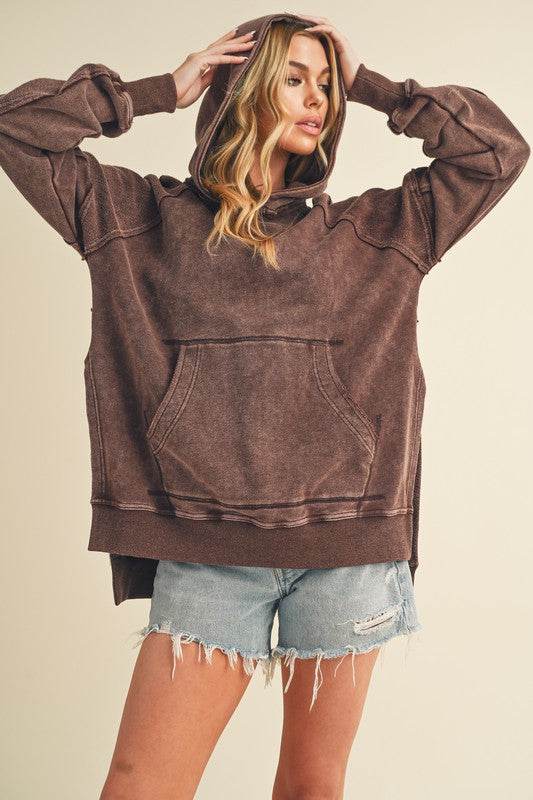 Aemi + Co Exposed Seam Side Slit Hoodie with Kangaroo Pocket in Brown - us.meeeshop