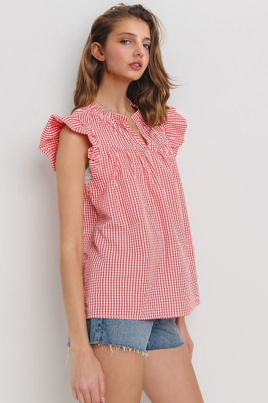 Ces Femme Plaid Notched Ruffled Cap Sleeve Blouse - us.meeeshop