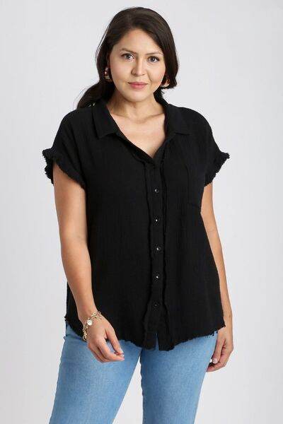 Umgee Frayed Hem Collared Neck Short Sleeve Shirt Plus Size - us.meeeshop