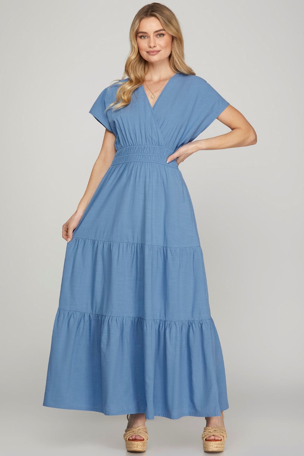 She + Sky Surplice Short Sleeve Tiered Maxi Dress With Pockets - us.meeeshop