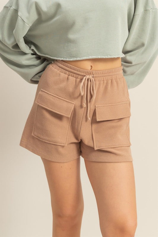 HYFVE Drawstring Waffle Knit Front Pocket Shorts in Tan - us.meeeshop