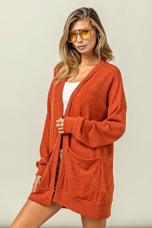 BiBi Open Front Drop Shoulder Cardigan with Pockets - us.meeeshop