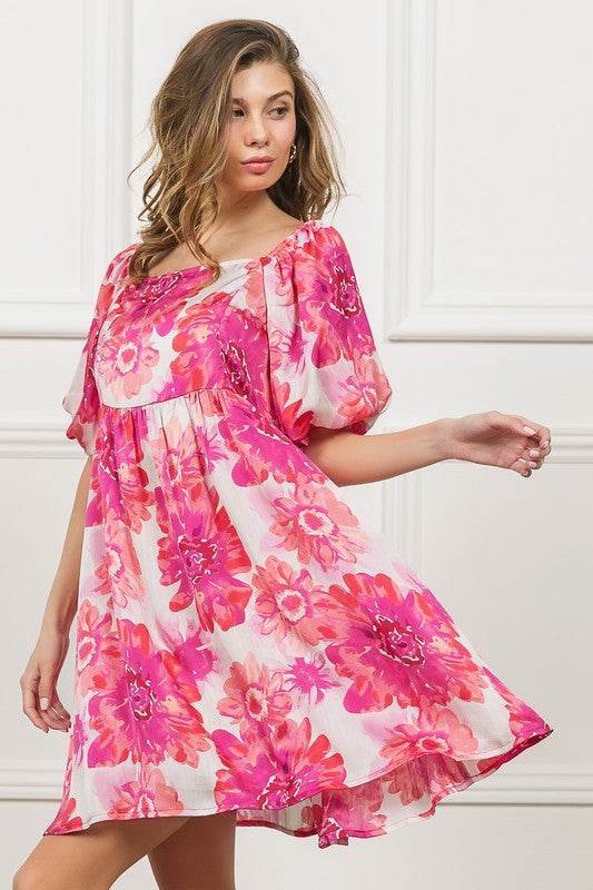 BiBi Floral Square Neck Puff Sleeve Mini Dress - us.meeeshop