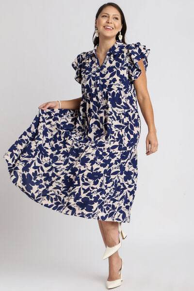 Umgee Floral Collared Ruffle Cap Sleeve Midi Dress Plus Size - us.meeeshop