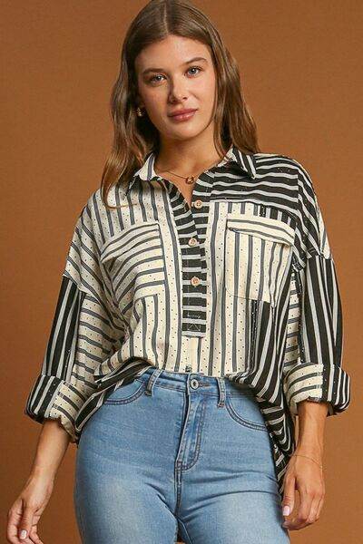 Umgee Pointelle Stripped Half Button Collared Neck Top Plus Size - us.meeeshop