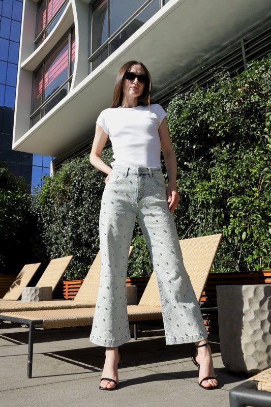 jewel embellished high Jewel Embellished High Rise Cropped Palazzo Jeans As Shown (bottom) - shop at us.meeeshop