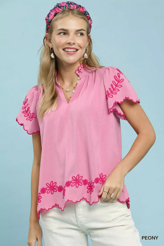 Umgee Embroidered Scallop Top (women's shirts & tops) - shop at us.meeeshop
