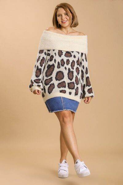 Umgee Leopard Off-Shoulder Long Sleeve Sweater Plus Size - us.meeeshop