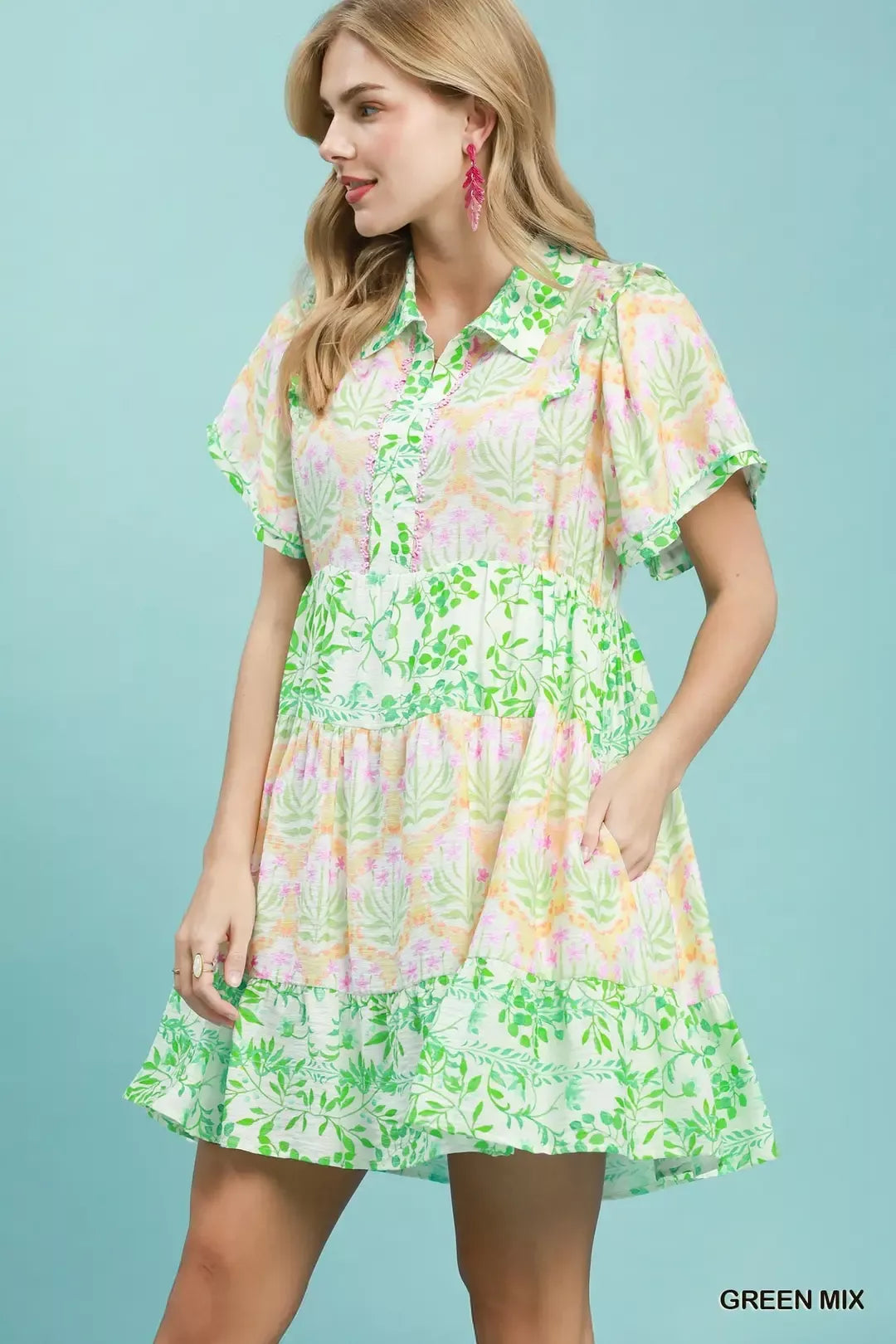 umgee mixed floral Umgee Mixed Floral Tiered Mini Dress with Flutter Sleeves view 2 (dress) - shop at us.meeeshop