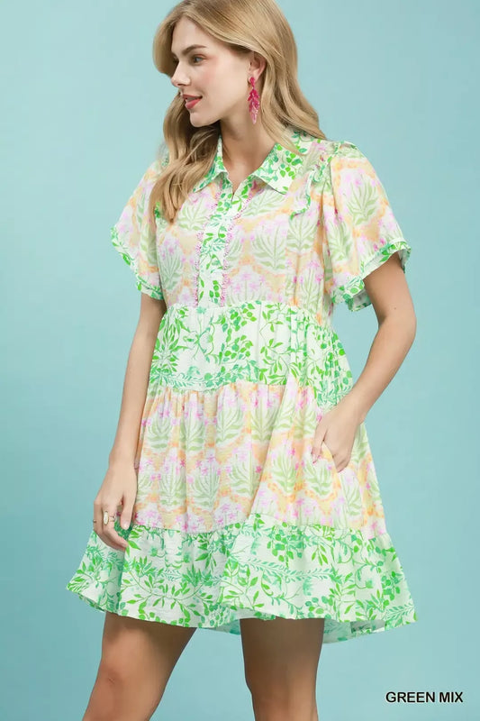umgee mixed floral Umgee Mixed Floral Tiered Mini Dress with Flutter Sleeves view 2 (dress) - shop at us.meeeshop
