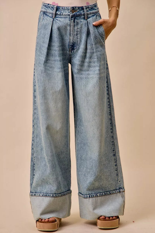 SO ME Mid Rise Plated Wid Leg Denim Jean (women's pants) view 2 - shop at us.meeeshop