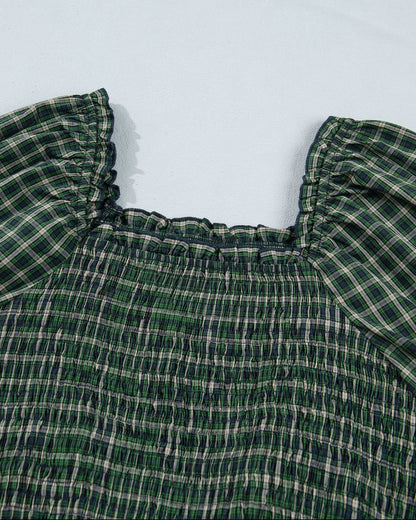 Daisy Plaid Square Neck Shirred High Waist Ruffle Hem Dress