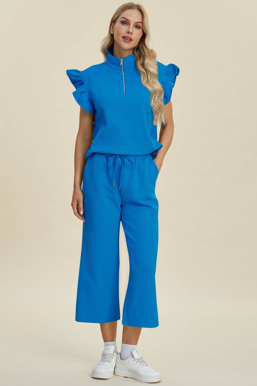 Double Take Full Size Texture Ruffle Short Sleeve Top and Wide Leg Pants Set - us.meeeshop