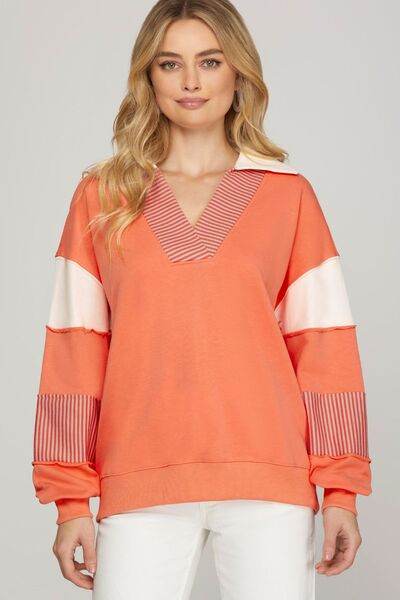 She + Sky Color Block Sleeve Johnny Collar French Terry Sweatshirt Plus Size - us.meeeshop