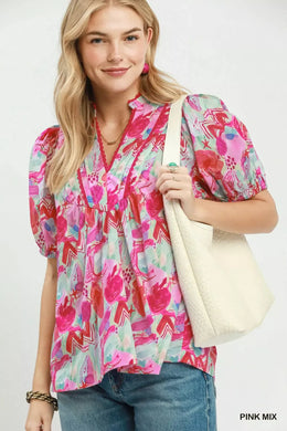 Umgee Abstract Print Puff Sleeve Top