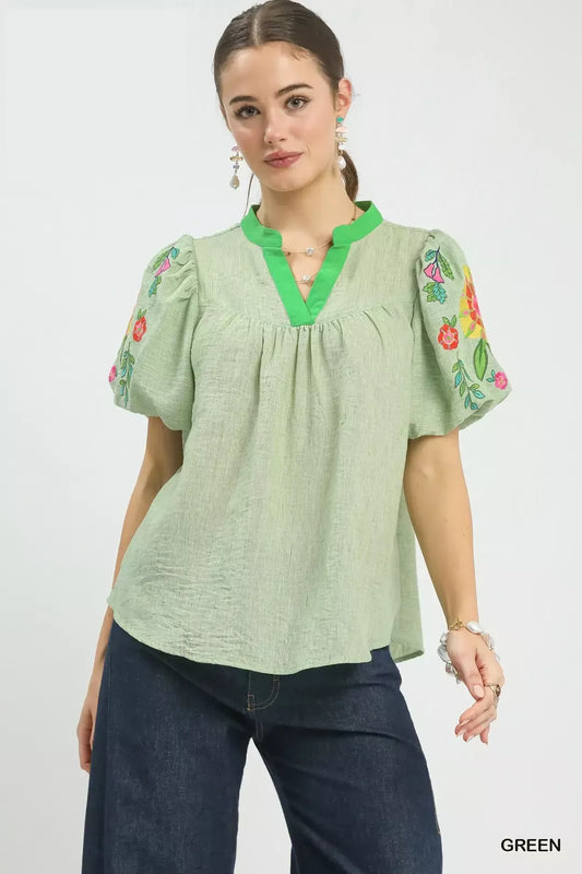 Umgee Embroidered Puff Sleeve Top (women's shirts & tops) - shop at us.meeeshop