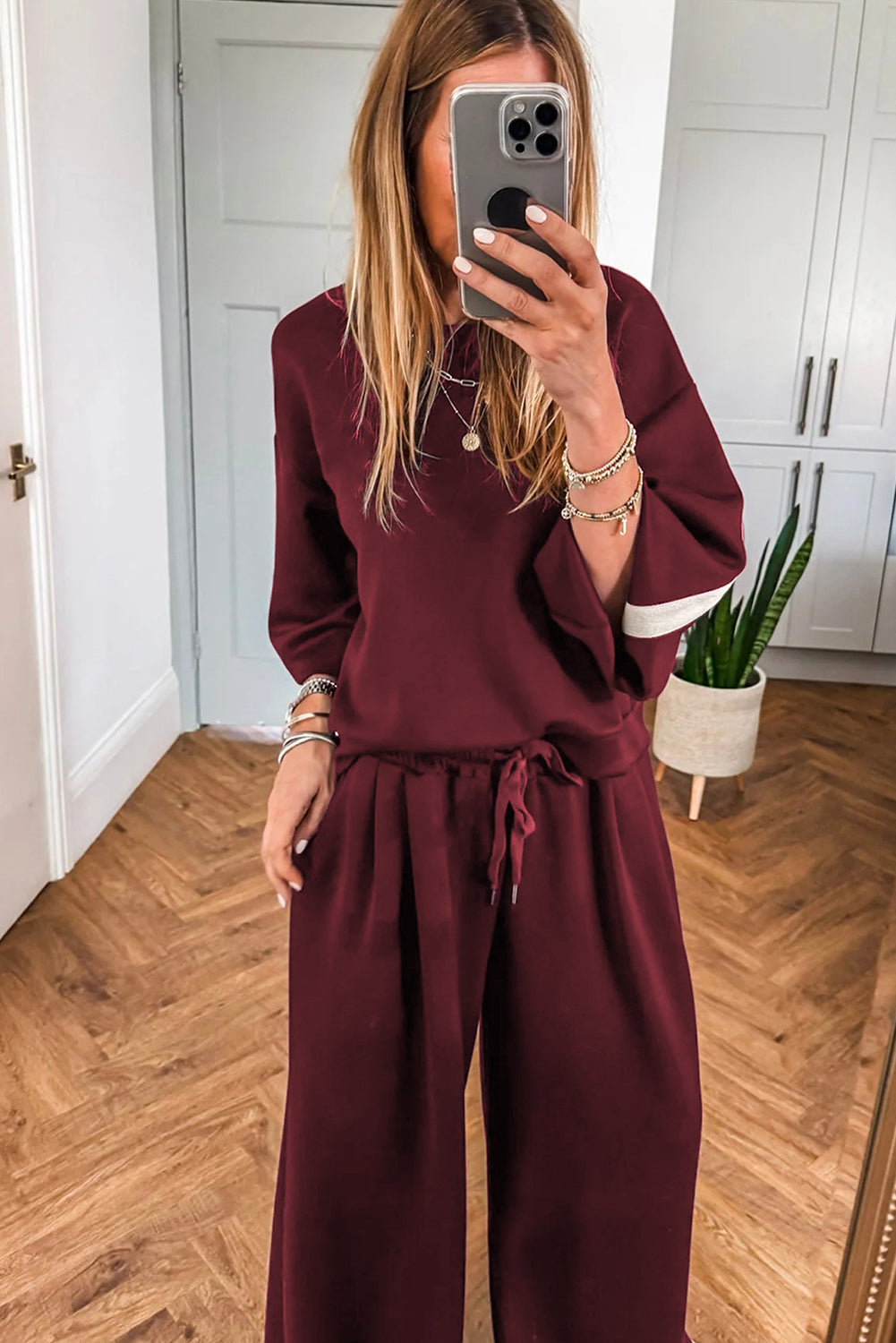 phoebe varsity striped Phoebe Varsity Striped 3/4 Sleeve Pullover Drawstring Sweatpants Set view 6 (bottom) - shop at us.meee