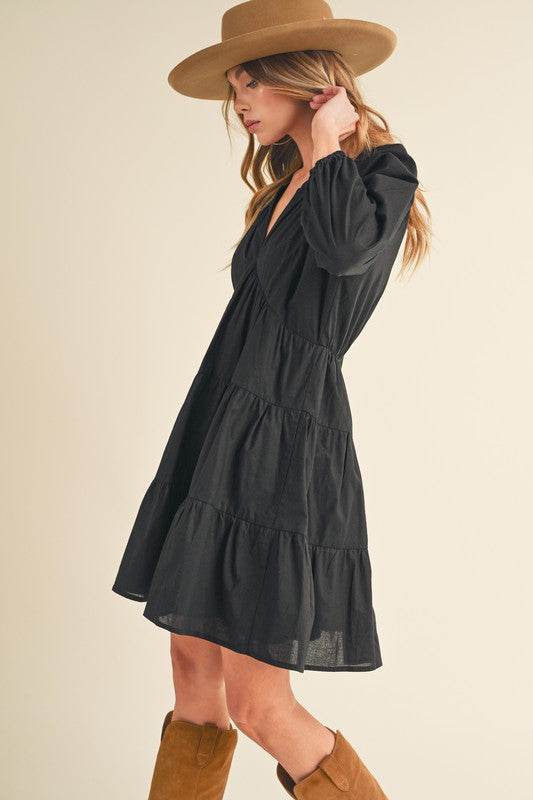 Aemi + Co Notched Balloon Sleeve Tiered Mini Dress - us.meeeshop