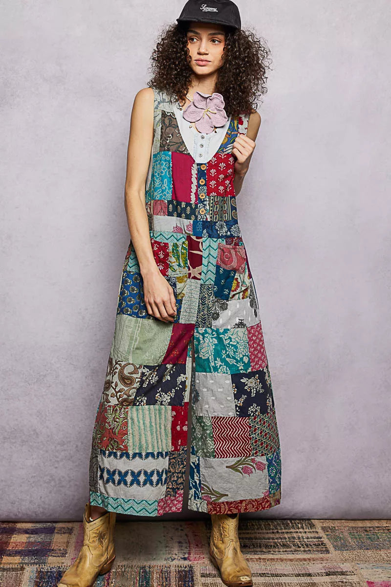 pol sleeveless patchwork POL Sleeveless Patchwork Wide Leg Jumpsuit SAGE MULTI (one-piece) - shop at us.meeeshop