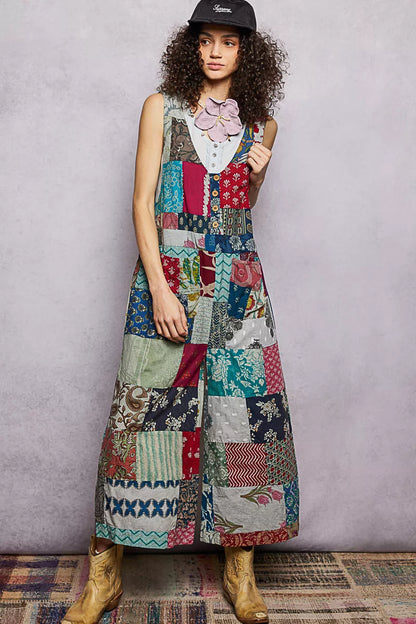 pol sleeveless patchwork POL Sleeveless Patchwork Wide Leg Jumpsuit SAGE MULTI (one-piece) - shop at us.meeeshop
