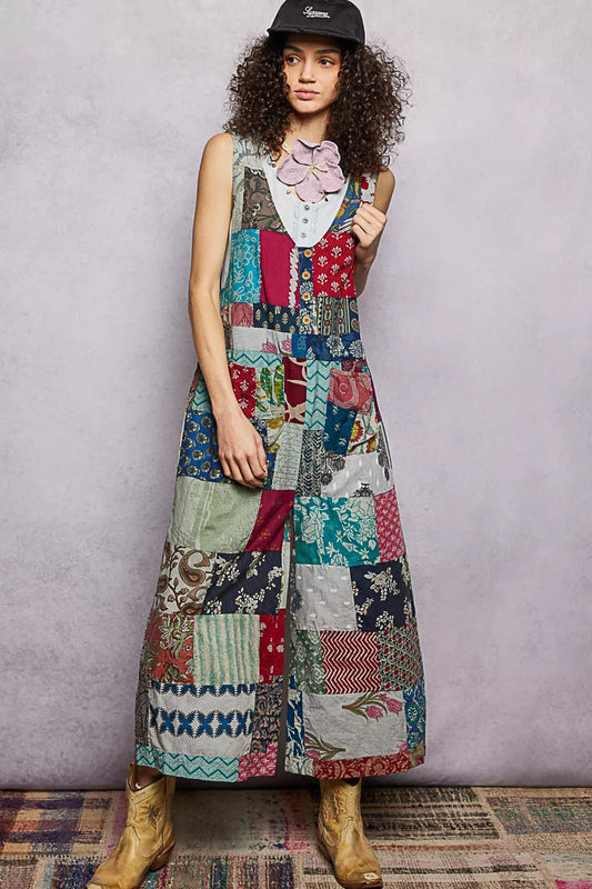 pol sleeveless patchwork POL Sleeveless Patchwork Wide Leg Jumpsuit SAGE MULTI (one-piece) - shop at us.meeeshop