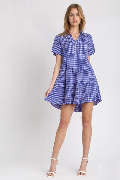 Umgee Gingham Tiered Button Detail Short Sleeve Dress Plus Size - us.meeeshop