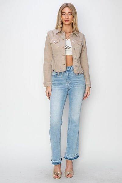 RISEN Raw Hem Button Up Cropped Denim Jacket Plus Size - us.meeeshop