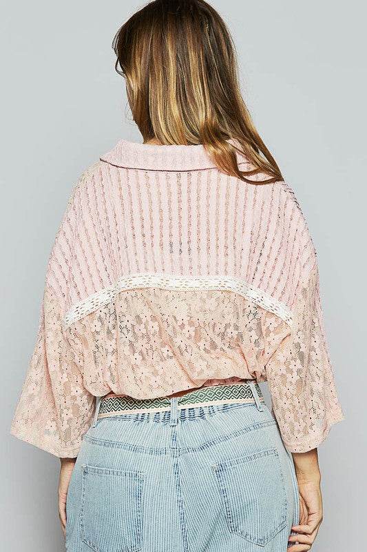 POL Lace Drawstring Hem Button Up 3/4 Sleeve Shacket - us.meeeshop