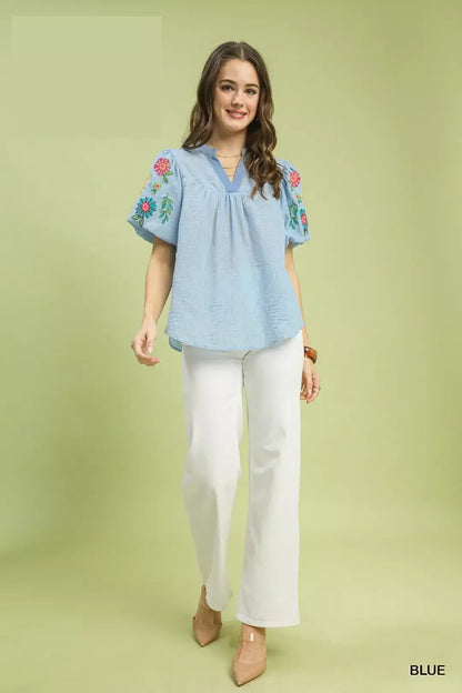 umgee embroidered puff Umgee Embroidered Puff Sleeve Top view 4 (top) - shop at us.meeeshop