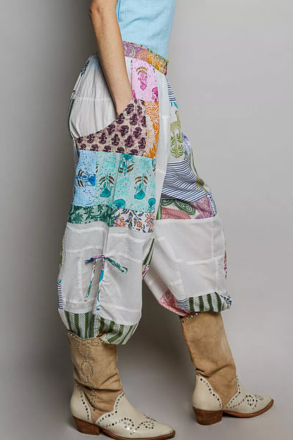 pol printed patchwork Pol Printed Patchwork Wide Leg Pants with Adjustable Side Drawstring view 3 (bottom) - shop at us.meees