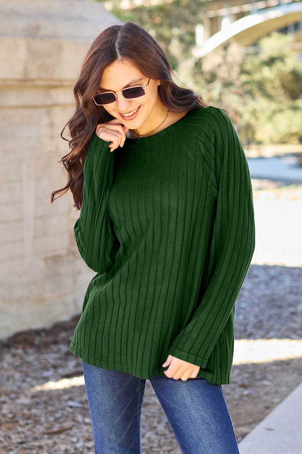 Ribbed Round Neck Long Sleeve Knit Top - us.meeeshop