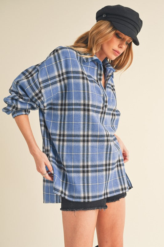 Aemi + Co Side Slit High-Low Plaid Long Sleeve Polo Shirt in Skies - us.meeeshop