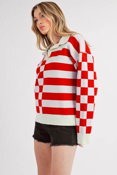 Aemi + Co Striped & Checkered Drop Shoulder Sweater - us.meeeshop