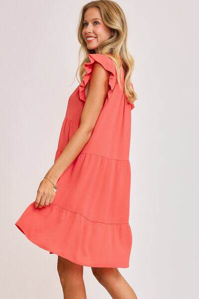 Umgee Johnny Collar Ruffle Cap Sleeve Tiered Dress Plus Size - us.meeeshop