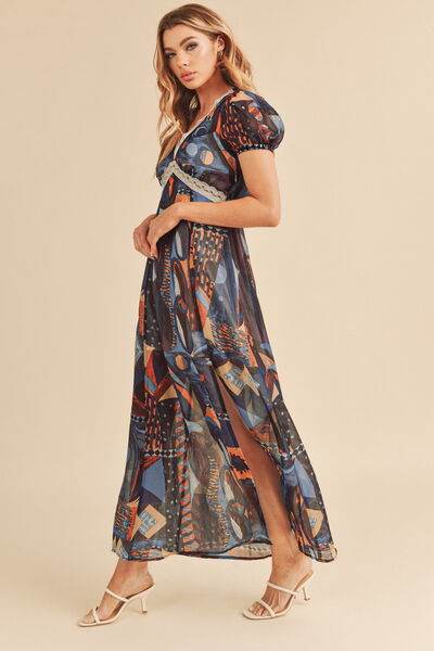 Aemi + Co Lace Detail Slit Geometric Print Short Sleeve Maxi Dress - us.meeeshop