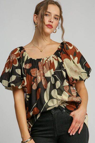 Umgee Print Round Neck Puff Sleeve Top Plus Size - us.meeeshop