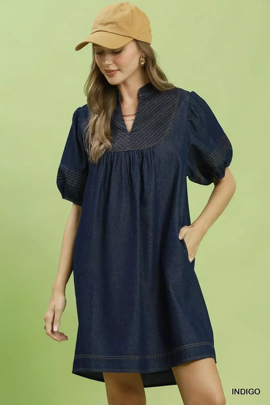 umgee notched puff Umgee Notched Puff Sleeve Mini Dress with Pockets INDIGO (dress) - shop at us.meeeshop