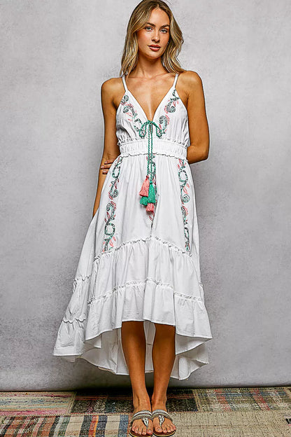 pol embroidered detail Pol Embroidered Detail Tassel Tie Smocked Waist Midi Tiered Cami Dress view 2 (dress) - shop at us.mee