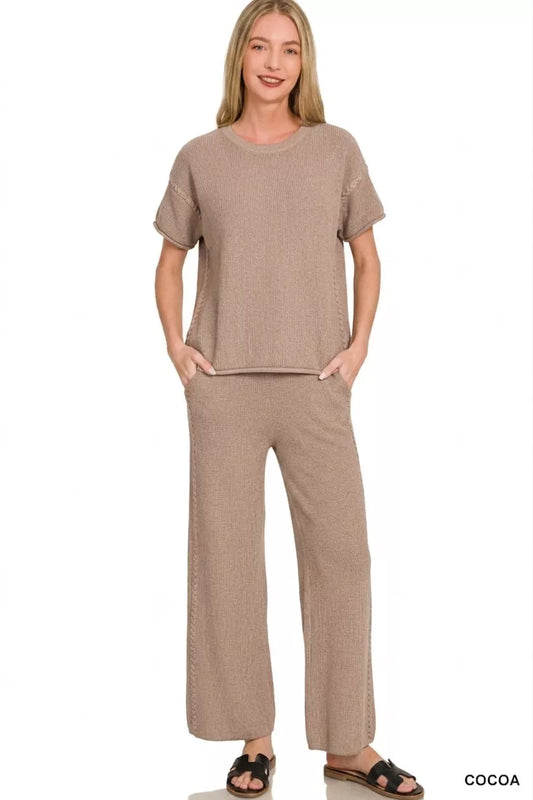 zenana viscose round Zenana Viscose Round Neck Top & Pants Set view 2 (top) - shop at us.meeeshop
