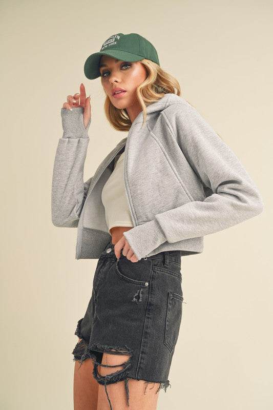 Aemi + Co Zip Up Raglan Sleeve Cropped Hoodie - us.meeeshop