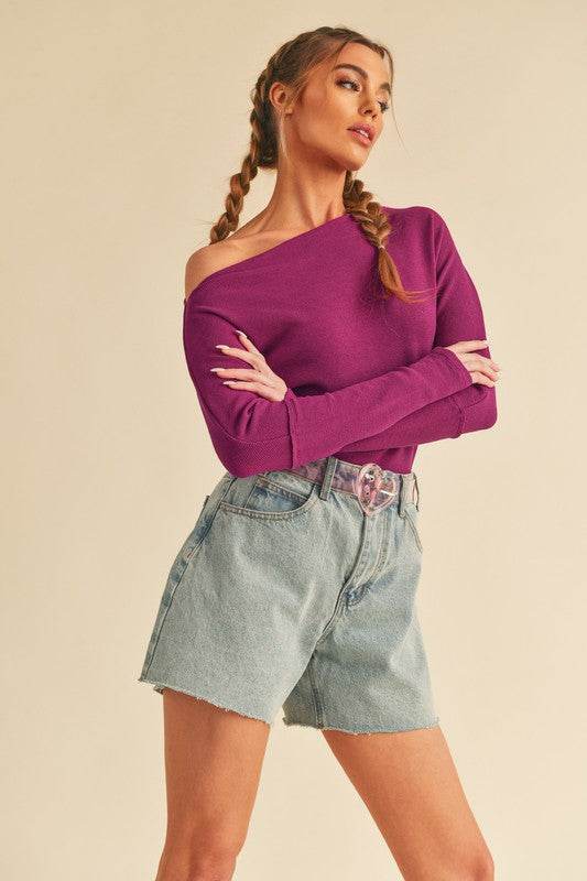 Aemi + Co One Shoulder Long Sleeve Knit Top in Deep Purple - us.meeeshop