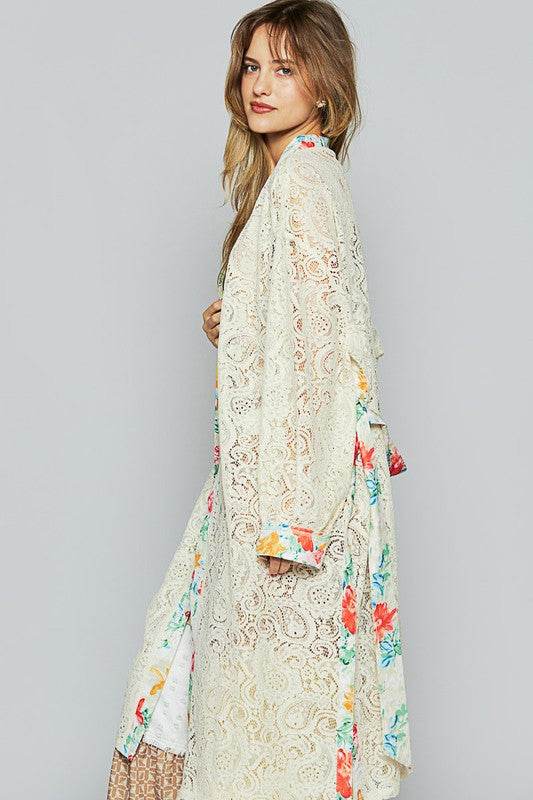 POL Floral Trim Lace Open Front Longline Cardigan in NATURAL - us.meeeshop