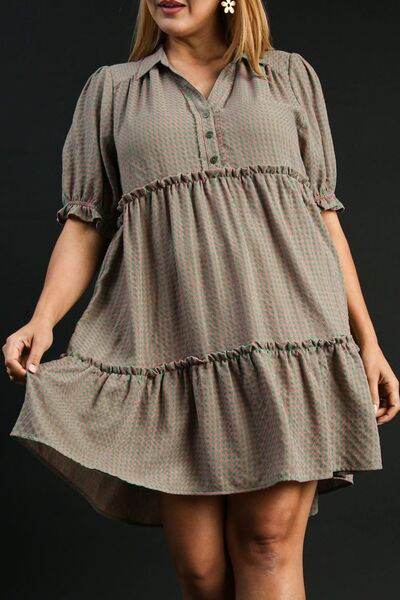 Umgee Plaid Frill Button Detail Ruffled Short Sleeve Dress Plus Size - us.meeeshop