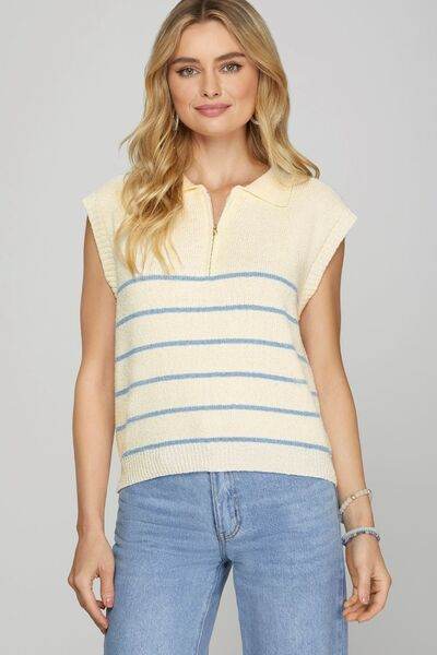 She + Sky Ribbed Hem Striped Half Zip Sweater Vest Plus Size - us.meeeshop