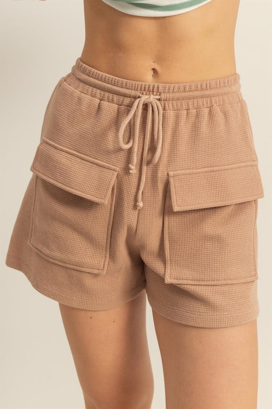 HYFVE Drawstring Waffle Knit Front Pocket Shorts in Tan - us.meeeshop