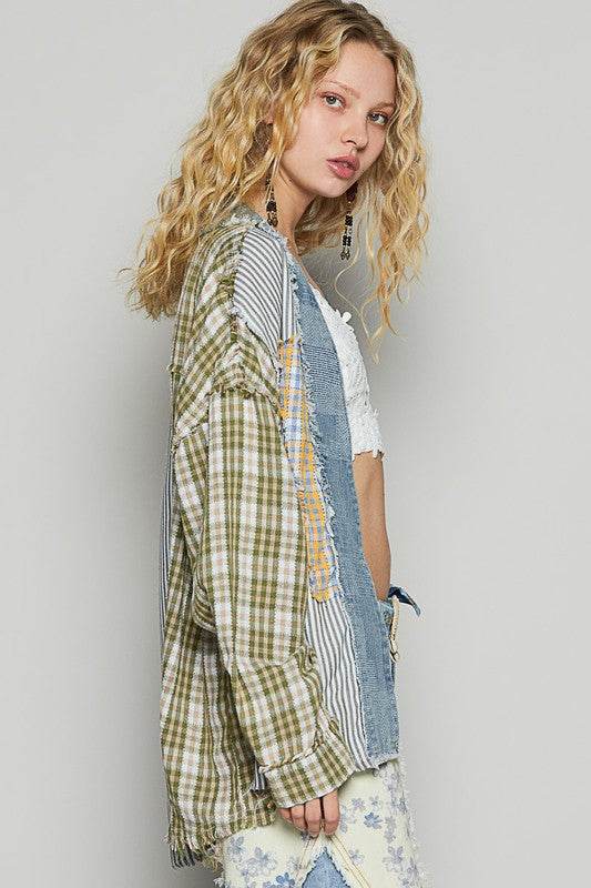 POL Raw Edge Plaid & Striped Open Front Cardigan - us.meeeshop