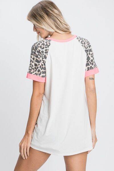 HeimishFull Size Leopard Round Neck Short Sleeve T-Shirt with Stitch Plus Size - us.meeeshop